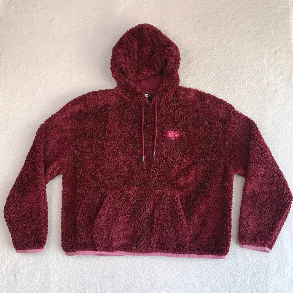 Nike Sportswear Sherpa Fleece Hoodie Womens L Pullover Maroon CU6425-638